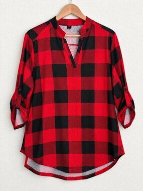 Sofi Women’s 2XL Red Black Buffalo Plaid Roll Tab Sleeve Tunic Top.  (G)
